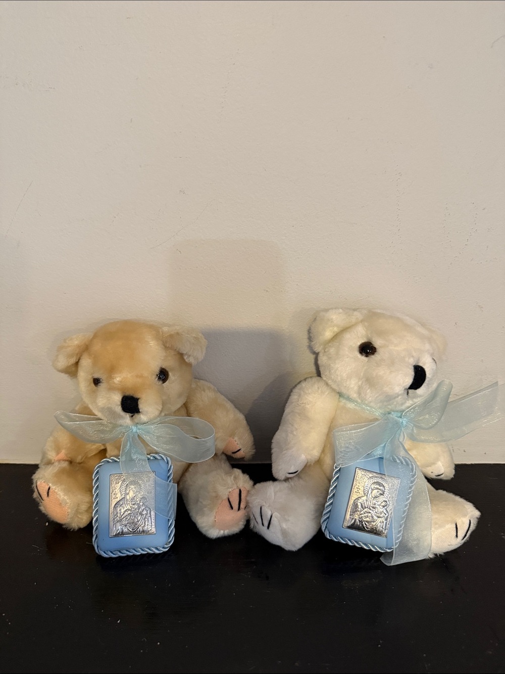Plush Baby Bear Gift Set with Blue Ribbon - Cream and White
